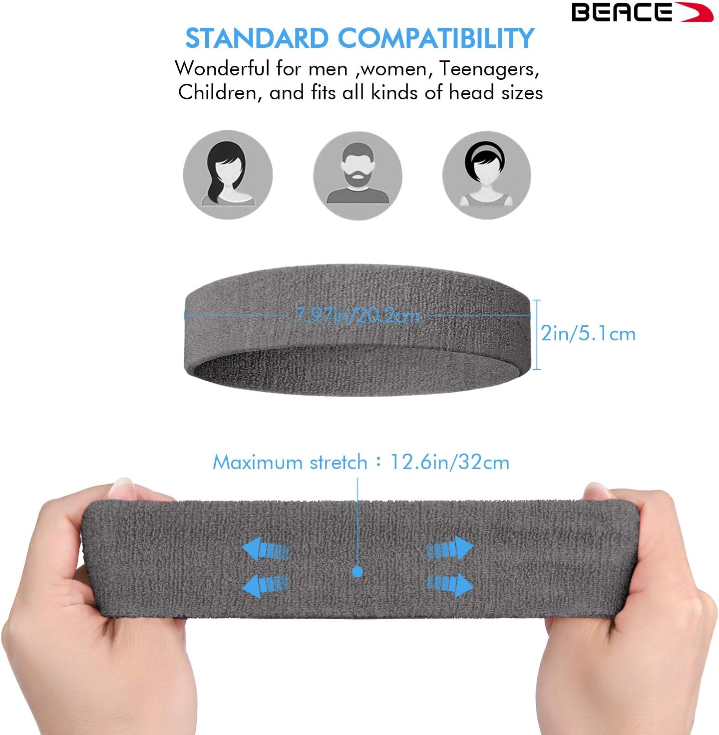 BEACE Sweatbands Sports Headband for Men & Women - 6PCS Moisture Wicking Athletic Cotton Terry Cloth Sweatband for Tennis, Basketball, Running, Gym, Working Out