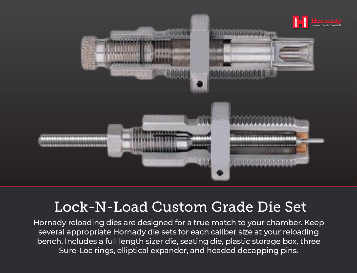 Hornady Custom Grade New Dimension 2-Die Set, 7MM PRC (.284) (546313)- Caliber Specific Reloading Equipment for Handloaders with Full Length Sizer Die, Seating Die, Sure-Loc Rings, & Storage Box
