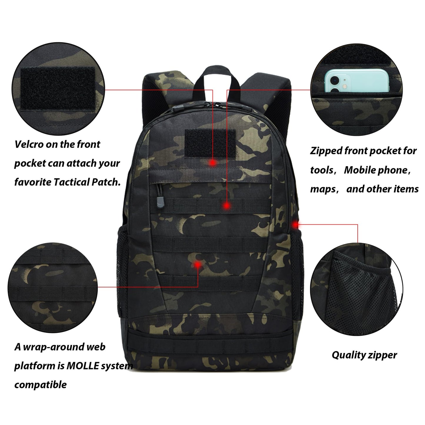 ArcEnCiel Motorcycle Backpack Tactical Bag Army Pack Rucksacks with Patch - Rain Cover Included(Black Camo)