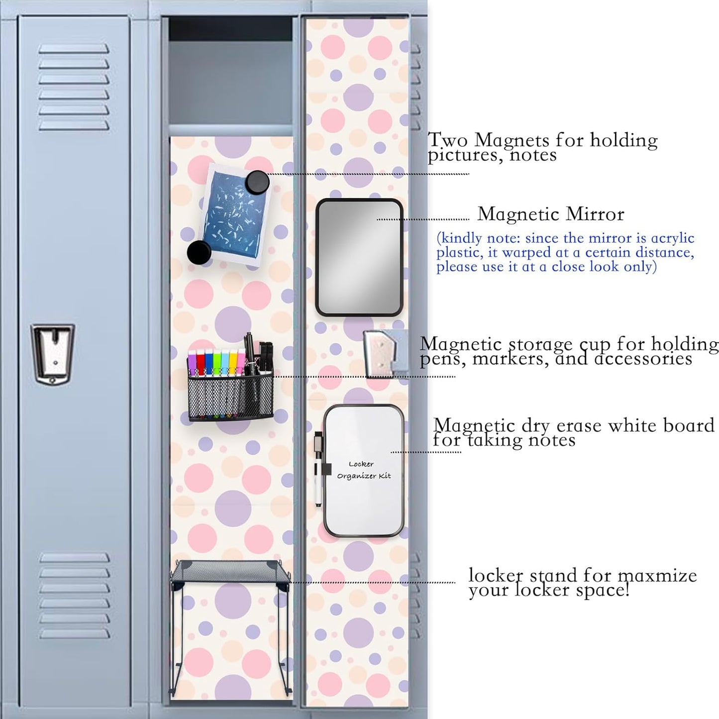 Pink Locker Accessories with Locker Shelf, Magnetic Mirror, Magnetic Pen Holder, Magnetic Small Whiteboard, Back to School Essentials Locker Decorations, 7 Piece Locker Organizer for Work