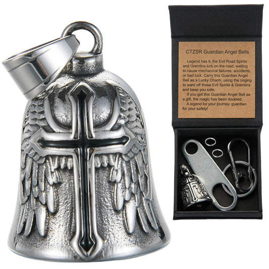 CTZSR Motorcycle Bell Guardian Angel - Good Luck Charm Gift For Rider Men Kids Friends With Gift Box, Legend Card, Keychain And Hanger & Weather-resistant Gremlin Bells For Motorcycle Bike (Black)