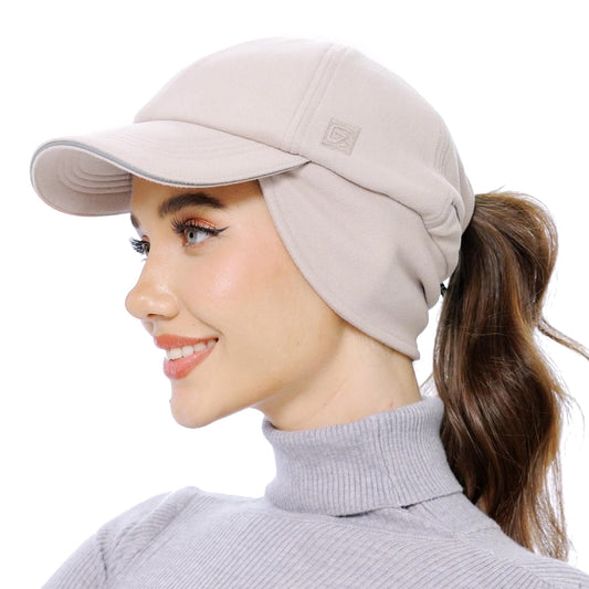 GADIEMKENSD Women's Fleece Ponytail Hat with Reflective Winter Ear Flaps Cold Hat with Adjustable Headband and Drop Down Ear Warmers Ball Cap Beanie for Snowy Golf Skiing Hiking Running Khaki