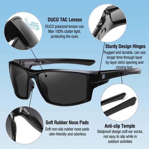 DUCO Polarized Sports Sunglasses for Men Women UV400 Protection Lightweight Frame for Fishing Driving Running F103 (Black Frame Gray Lens)
