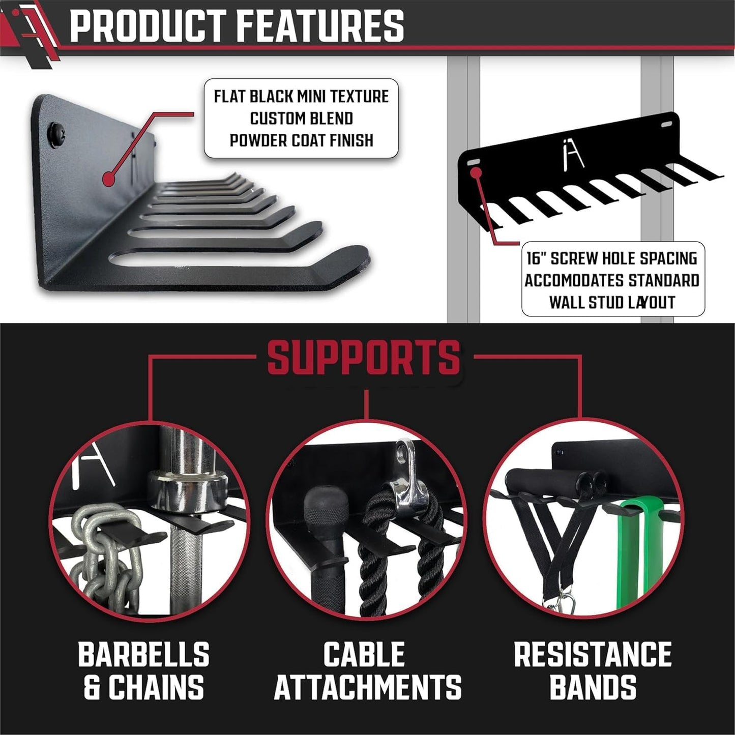 IRON AMERICAN) Gym Storage Hanger/Heavy Duty Multi-Purpose Gym Rack for Lifting Belts, Chains, Exercise Bands, Jump Ropes (mounting hardware included)