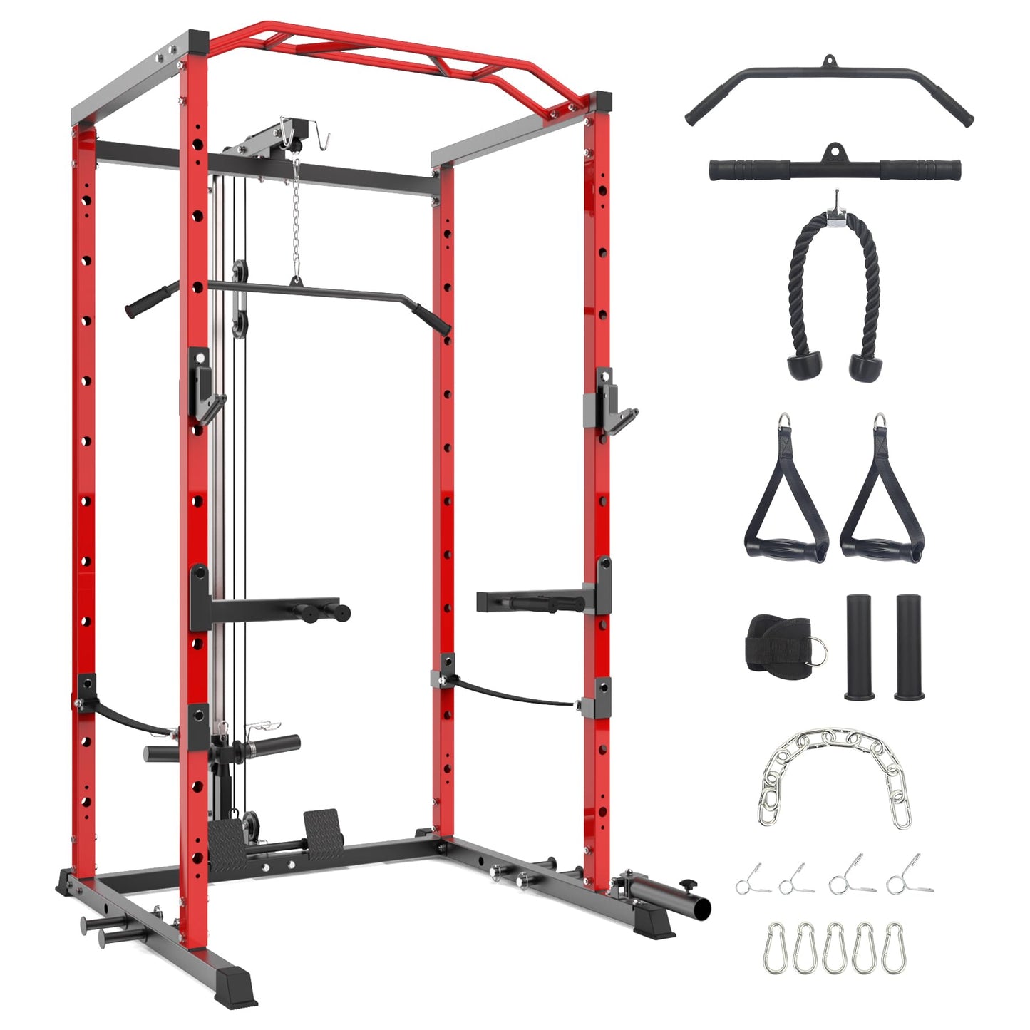 GarveeLife Power Cage with LAT Pulldown, Multi-Functional Power Rack with Cable Pulley System and J-Hooks, Squat Rack with Dip Bars and Landmine Attachment, Weight Cage for Home Gym Equipment