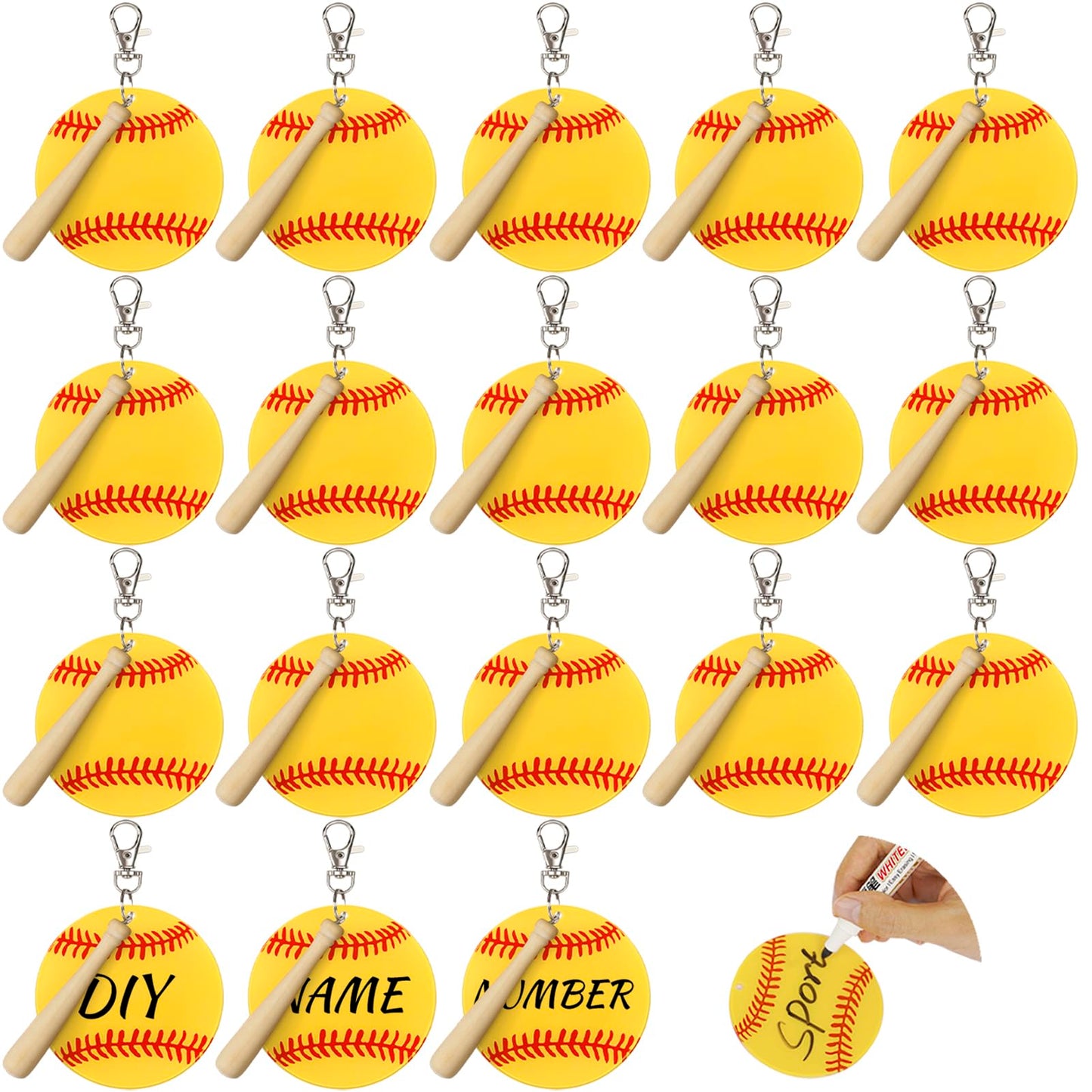 18 Sets Baseball Softball Acrylic Keychain Blanks Kit, AUHOKY 18Pcs Acrylic Baseball Blanks with 18 Miniature Softball Wood Bat, 18 Swivel Snap Keychain Hooks, 2 Pen for DIY Sports Party Favor(Yellow)