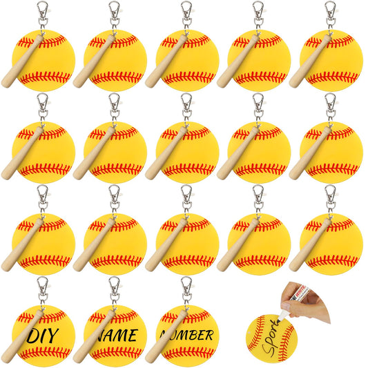 18 Sets Baseball Softball Acrylic Keychain Blanks Kit, AUHOKY 18Pcs Acrylic Baseball Blanks with 18 Miniature Softball Wood Bat, 18 Swivel Snap Keychain Hooks, 2 Pen for DIY Sports Party Favor(Yellow)