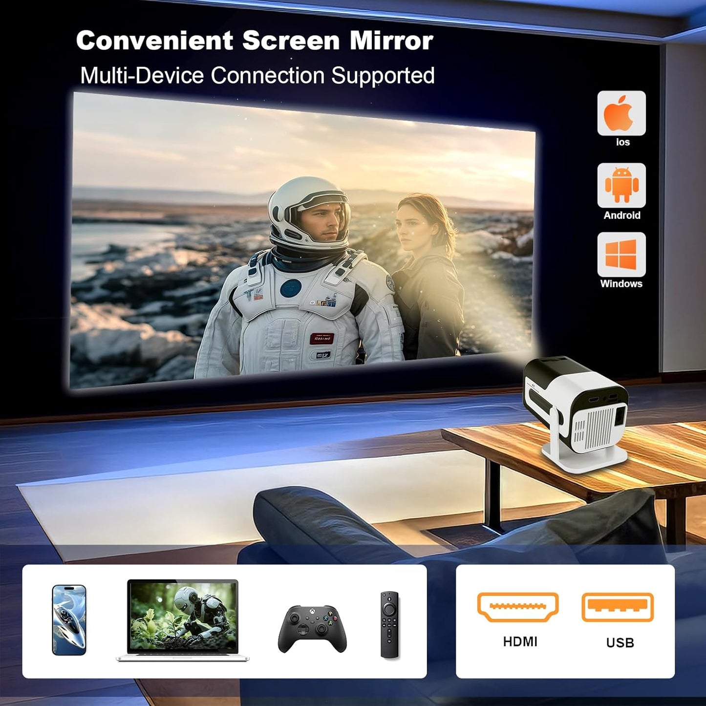 Mini Projector, HY300 PRO Portable Projector, Support 4K 1080P with Dual-Band WIFI6 5G Wireless 5.0 Bluetooth Android 11, 180° Rotatable, Auto Keystone Correction, 35"-130" Screen Video Projector