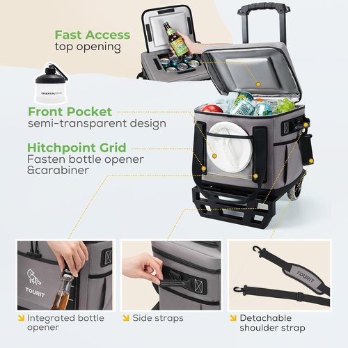 TOURIT Portable 50-Can Collapsible Rolling Soft Cooler with 29L Space & Reinforced All-Terrain Cart with Wheels Easy Transportation, Large Leakproof Travel Beach Ice Chest for Grocery Shopping