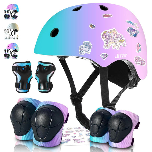 Adjustable Kids Bike Helmet with Knee & Elbow Pads Set, Color Gradient Design for Boys and Girls Aged 3-14+, for Skateboarding, Scooter, Roller & Inline Skating, Longboard
