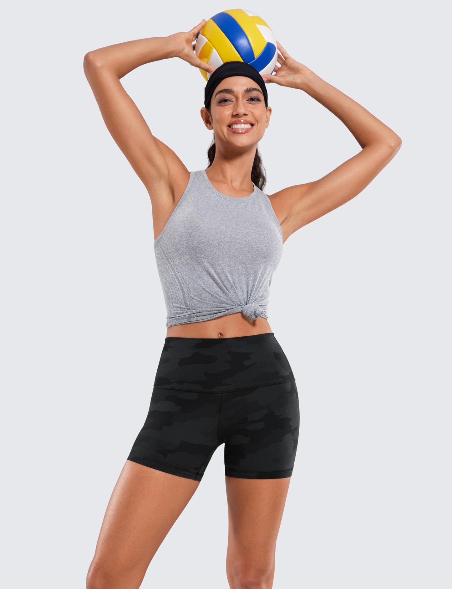 CRZ YOGA Butterluxe Biker Shorts 4'' - High Waisted Booty Workout Volleyball Yoga Womens Spandex Dark Grey Camouflage 2 Medium