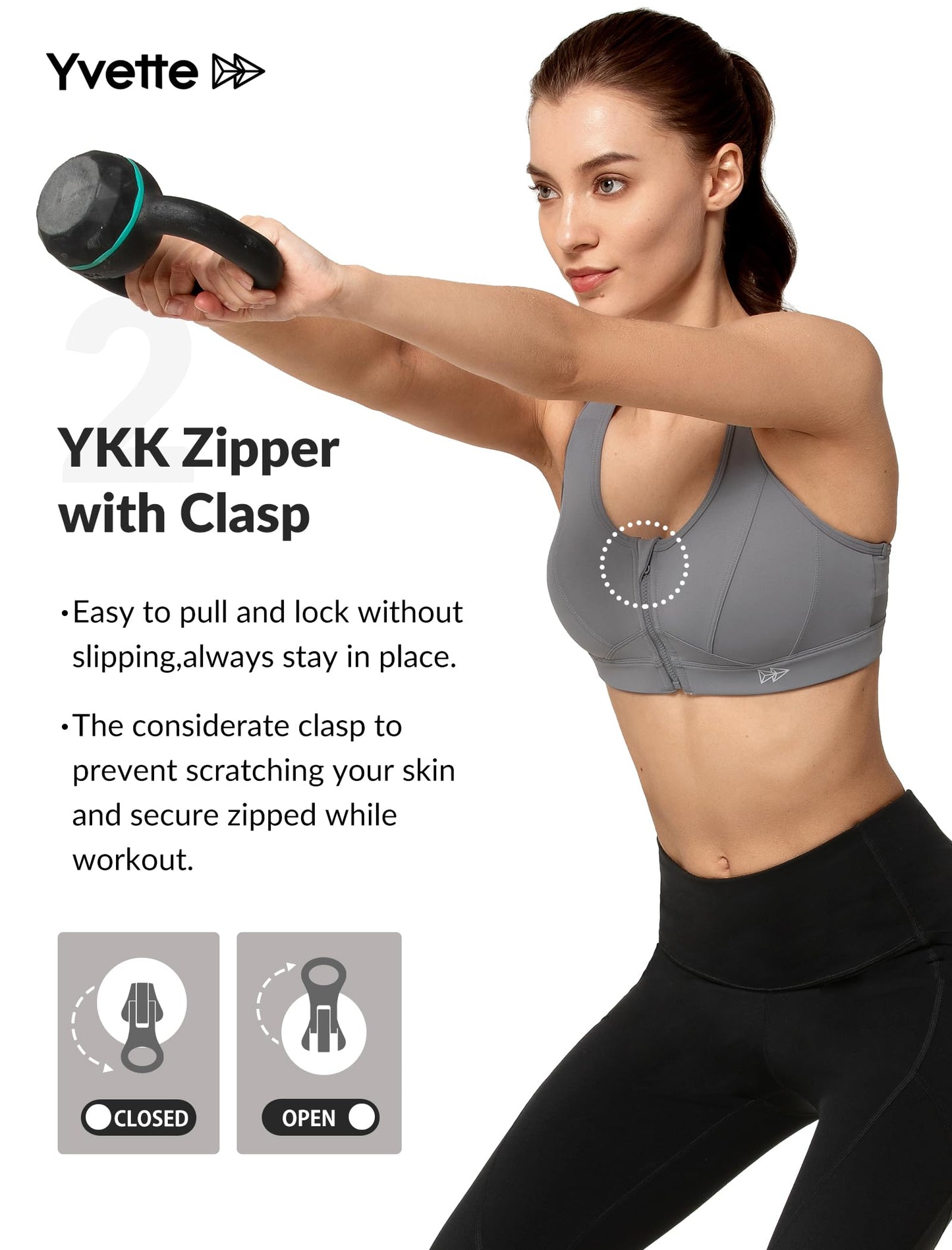 Yvette Zip Front Sports Bra - High Impact Sports Bras for Women Plus Size Workout Fitness Running,Grey,S