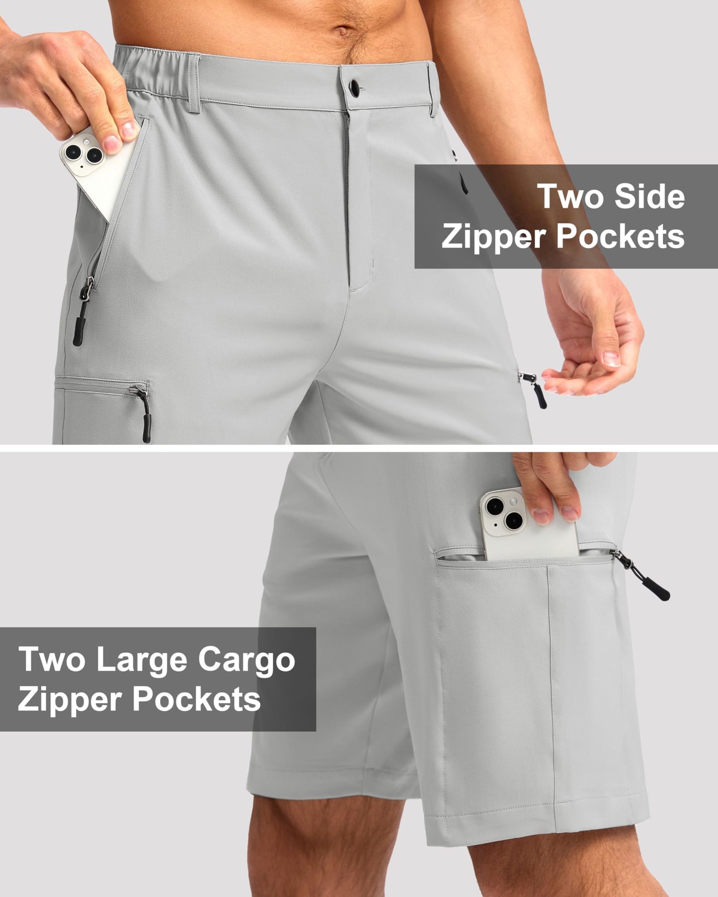 G Gradual Mens Hiking Cargo Shorts with 4 Zipper Pockets 9" Quick Dry Lightweight Casual Work Shorts for Men Golf Fishing(Bright Grey,XXL)