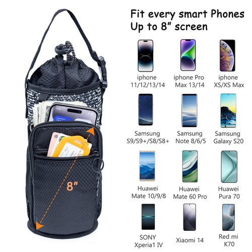 SPORJET Water Bottle Holder with Strap 64oz Water Bottle Carrier Bag with Phone Pocket - Crossbody Water Bottle Bag - Water Bottle Pouch for gallon water bottle, Medium, Black
