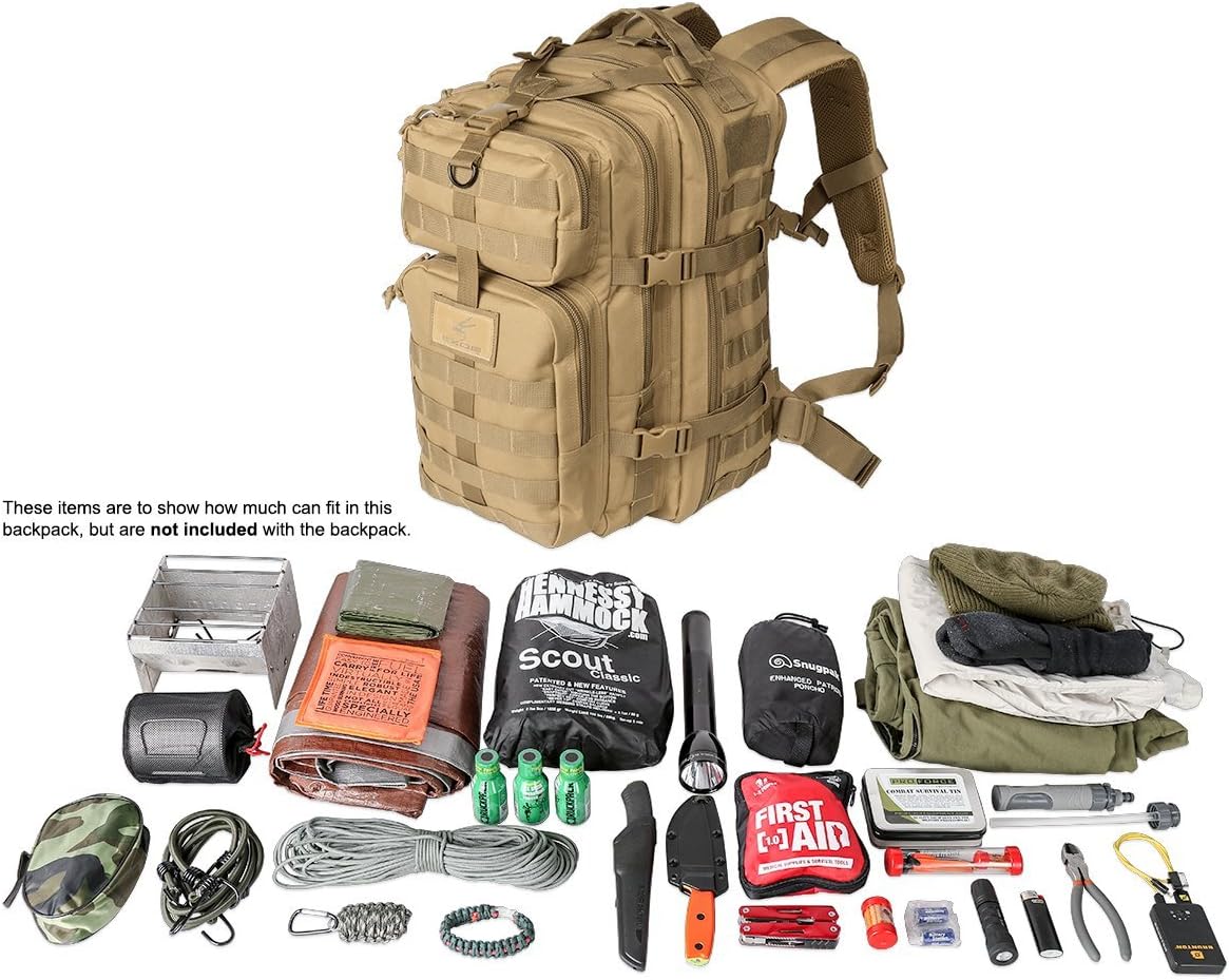 Exos Bravo Backpack - Large Military Hiking Backpack 34L - Waterproof Heavy-Duty Molle Hunting Bag for Men - Tactical Rucksack Daypack - Hydration Pack Compatible for Running, Cycling - (Coyote Tan)