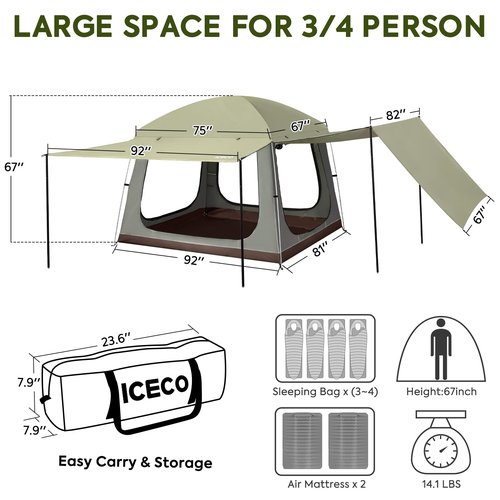 ICECO Camping Tent 4 Person, Waterproof Tents for Camping, Double Layer Tent with 4 Screen Room, Easy Setup Portable with Carry Bag for Outdoor, Picnic, 1.7M Height