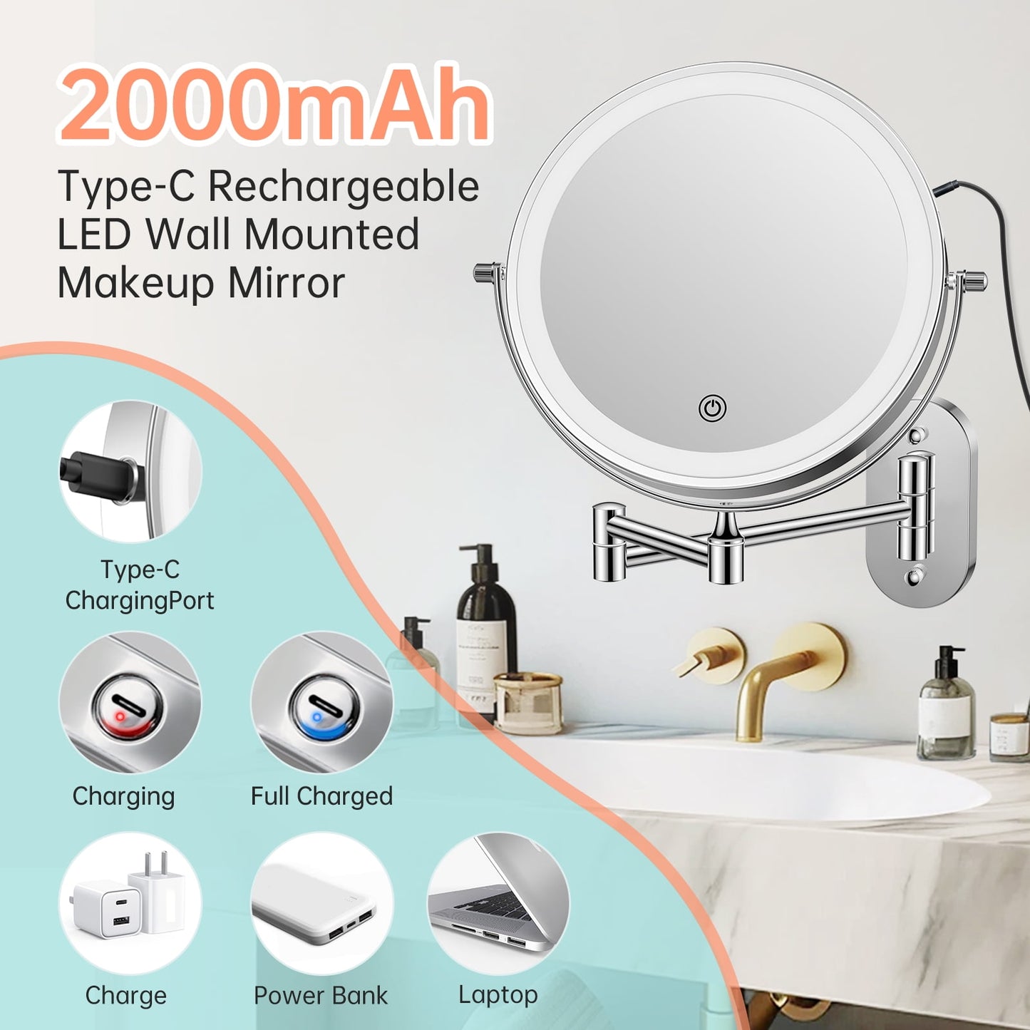 Stainless Steel Wall-Mounted Makeup Mirror | 1X/10X Magnification | Silver