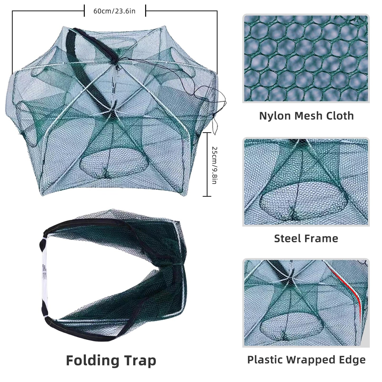 3 Pcs Foldable Fishing Net Accessories for Crab Crayfish Shrimp:Fishing Landing Net with Telescoping Pole Handle, Collapsible Crab Trap Hexagon and 2 Ropes
