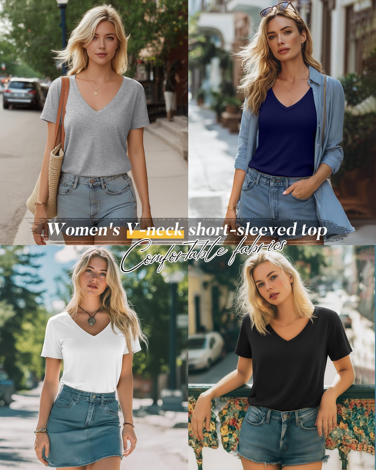 Neer 4 Pack Women's V Neck T-Shirts Short Sleeve Summer Casual Tops Loose Fit Flat Hem Plain Basic Tees(Black, Navy Blue, Light Gray, White,X-Large)