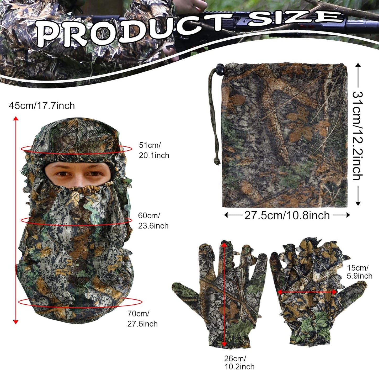 Zicac Outdoor Camo Ghillie Suit 3D Leafy Camouflage Clothing Jungle Woodland Hunting