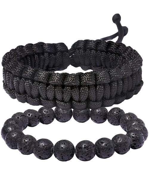 Xfoxstal 2Pcs Adjustable Handmade Survival Paracord Bracelets Set Lava Stone Stretch Beaded Bracelets for Women Men Outdoor Hiking Camping Unisex (Black)