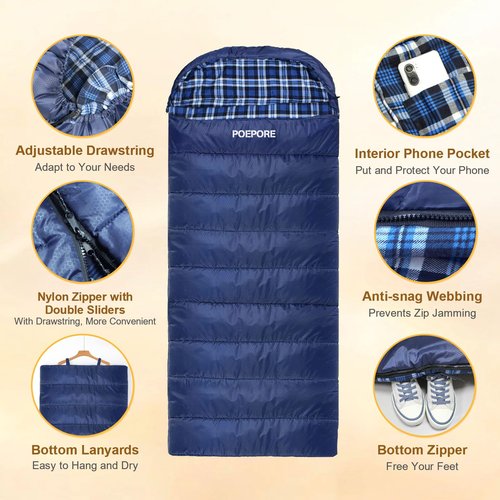 POEPORE Flannel Sleeping Bag Cotton 0 Degree Cold Weather for Adults XXL Sleeping Bag 4 Season Big and Tall with Compression Sack