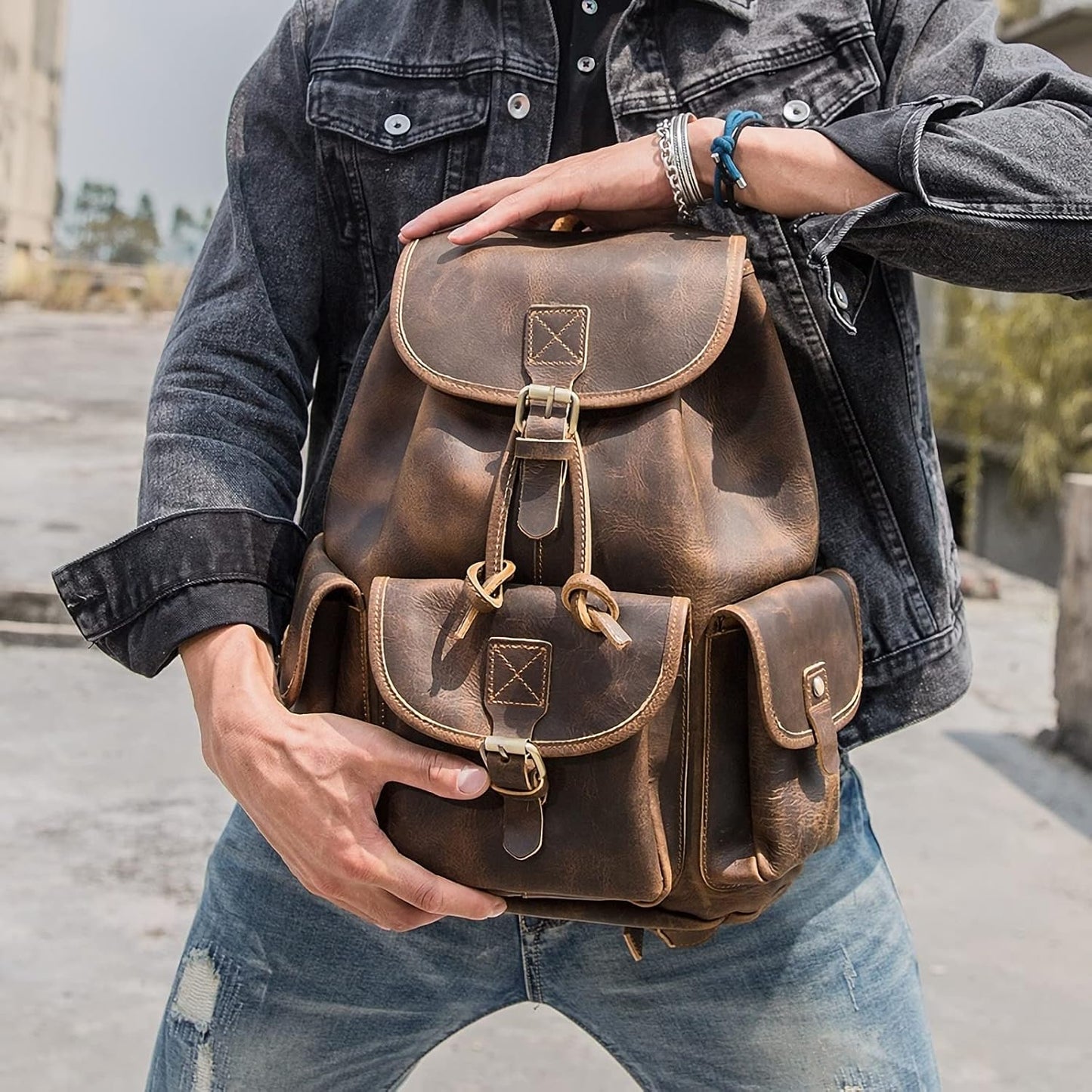 Vintage Full Grain Leather Rucksack Backpack for Men & Women - Casual Travel Satchel, Dark Brown