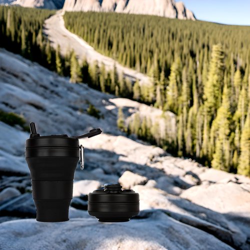 CYNROFVEN Silicone Coffee Cup with Straw lid Collapsible Cups for Traveling 20oz Lightweight Folding Water Mug for Picnic Hicking Camping Climbing (Black)