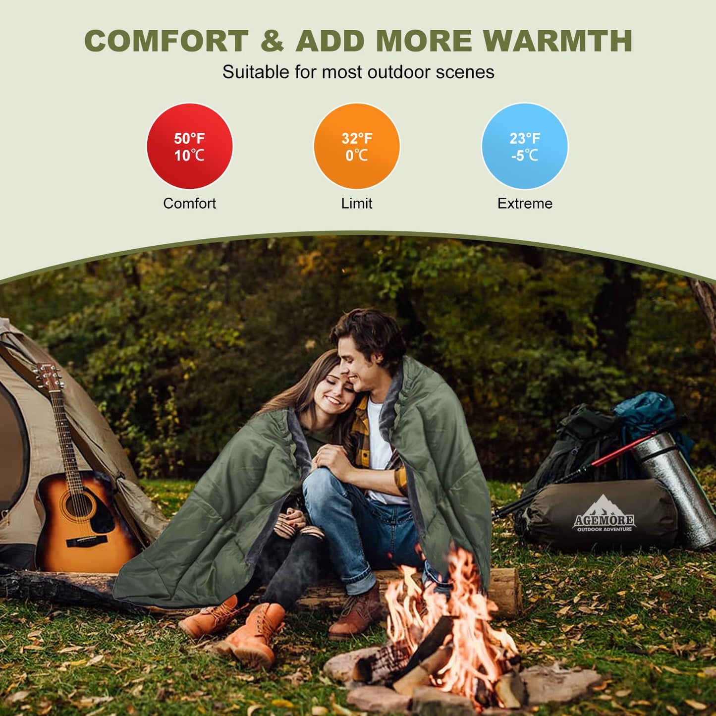 AGEMORE Cotton Flannel Double Sleeping Bag with Fleece Lined Hood, Waterproof Queen Size 2 Person Sleeping Bag for Adults Cold Weather Camping Backpacking or Hiking, 3-4season