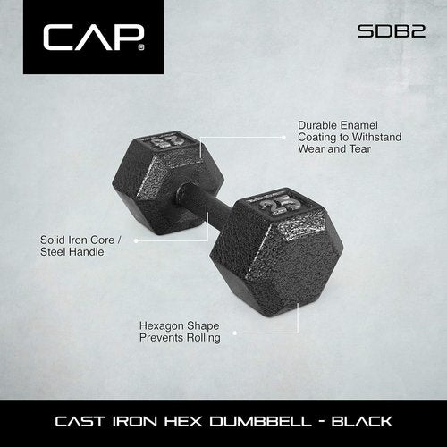 Hex Dumbbell Set - Black Cast Iron, 5-120 LBs, Available in Single or Pair