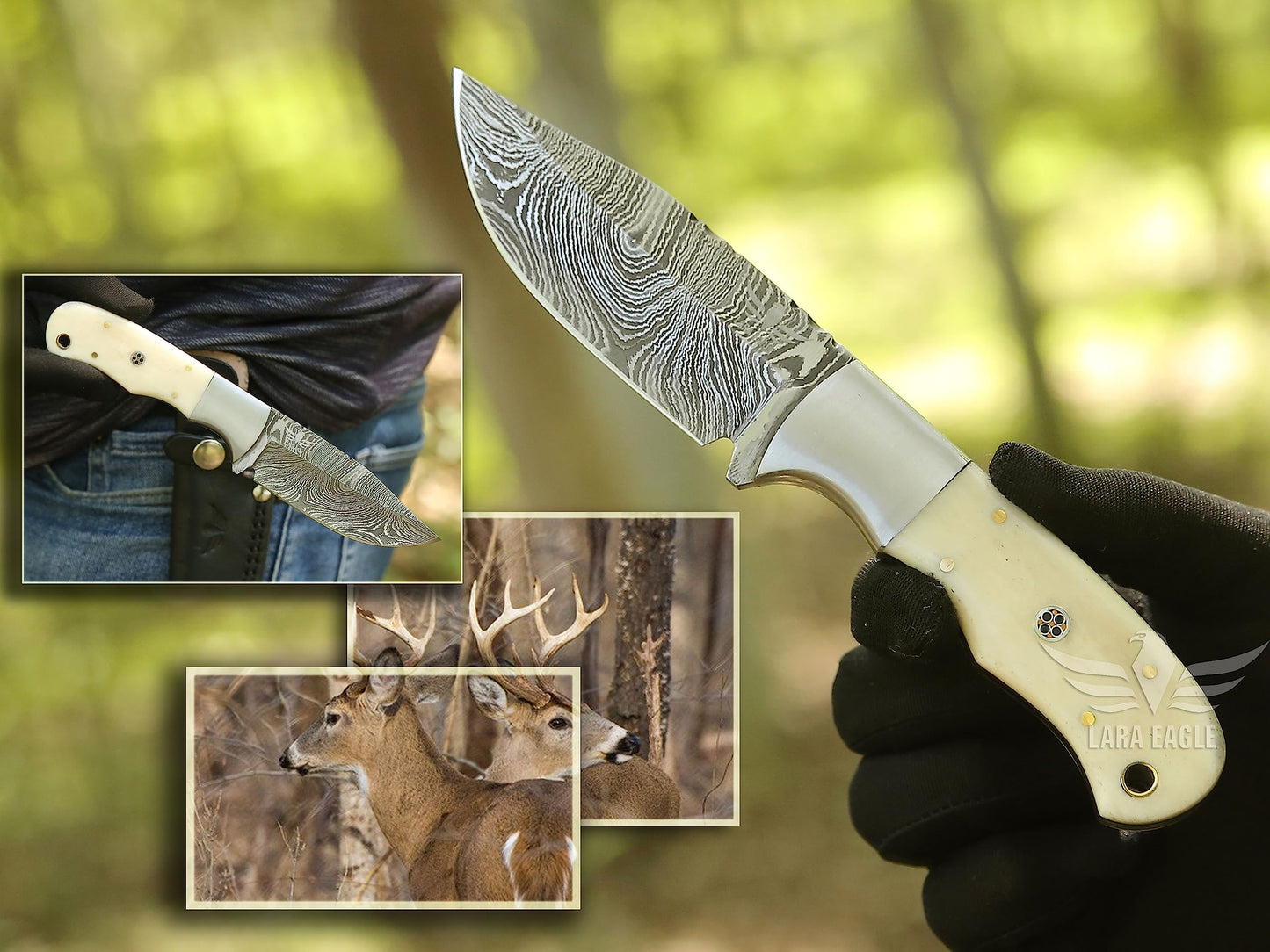 Lara Eagle Damascus Hunting Knife - Fixed Blade Handmade Skinner with Sheath - 7.5 inch Survival Knife Great for Camping, Hunting - Camel bone Handle with mosaic pin, Gift for Husband, Anniversary, Dad (Camel bone)