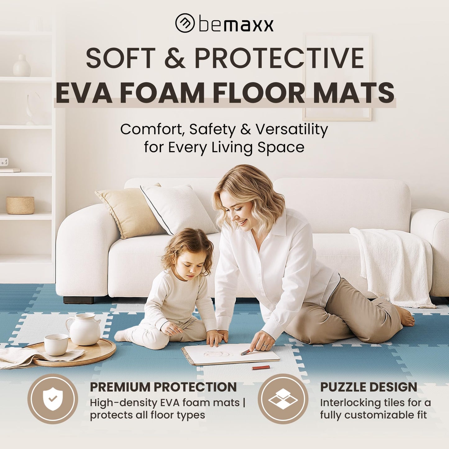 bemaxx Gym Mats Set - 18 pcs EVA Interlocking Foam Floor Tiles (12.6"x12.6"x0.4") 18sqft Protective Gym Flooring Sports Home Workout Exercise Mats Puzzle Garage Fitness Play-Room Pool Treadmill Bike
