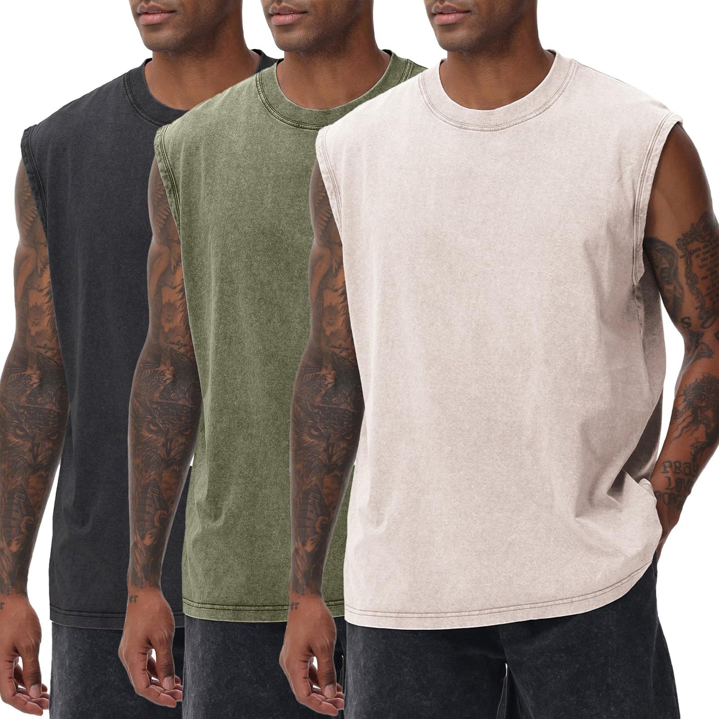 SnowElve 3 Pack Mens Workout Tank Tops Sleeveless Tee Shirts Men Muscle Shirt Gym Acid Wash T Shirts Running Beach Loose Fit Tee(BKAGAC,M)