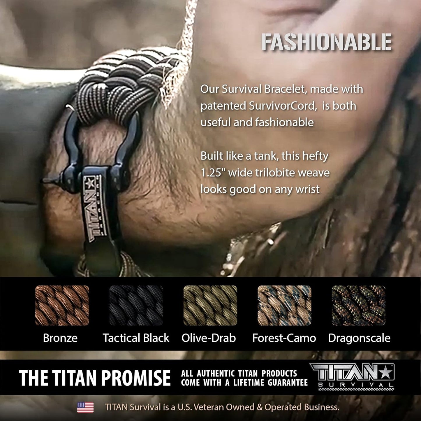 Titan Paracord Survival Bracelet | BLACK | LARGE (Fits 8" - 9" Wrist) | Made with Authentic Patented SurvivorCord (550 paracord, fishing line, snare wire, and waxed jute for fires)