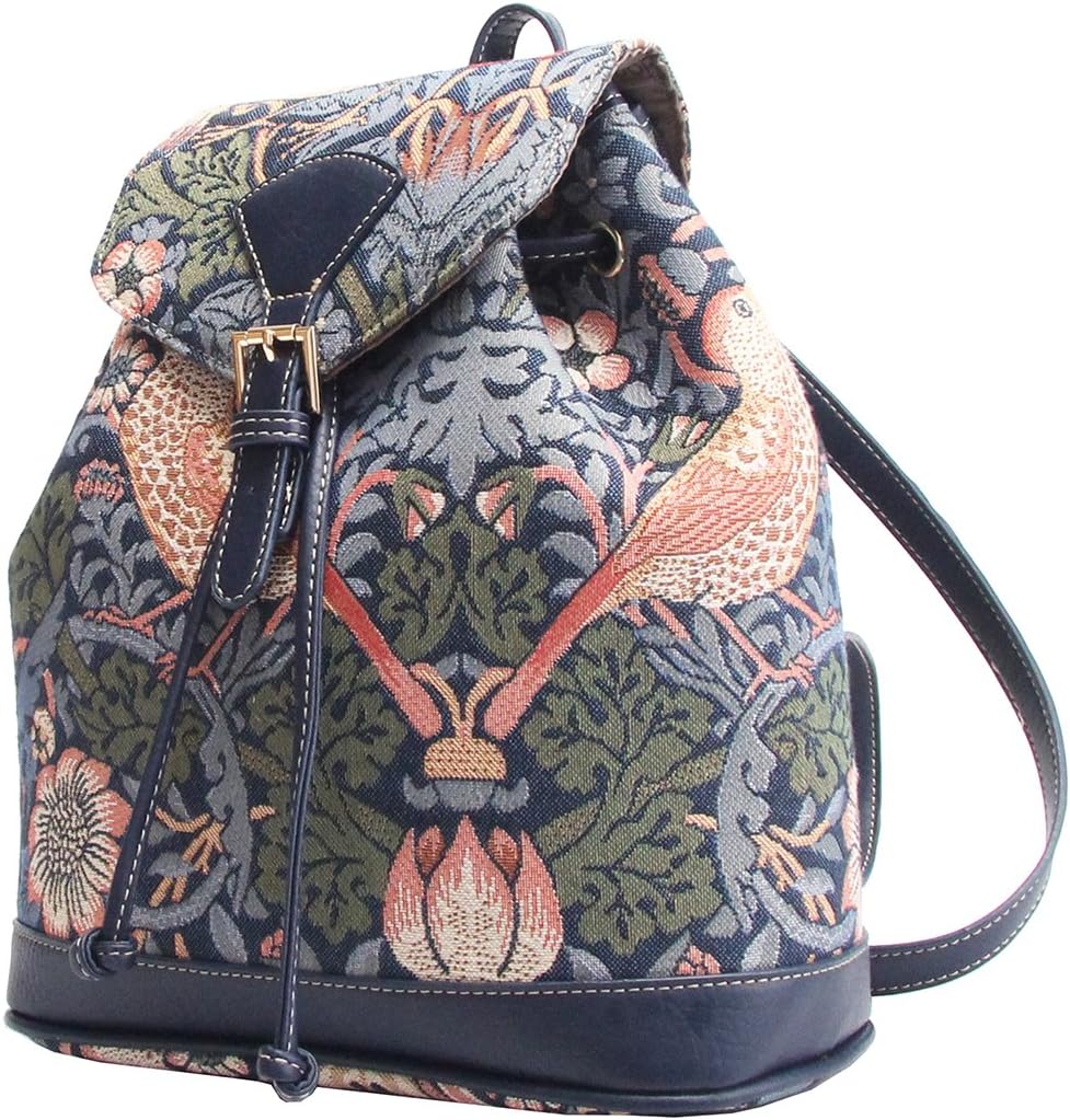 William Morris Strawberry Thief Tapestry Flap Buckle Pull String Backpack by Signare