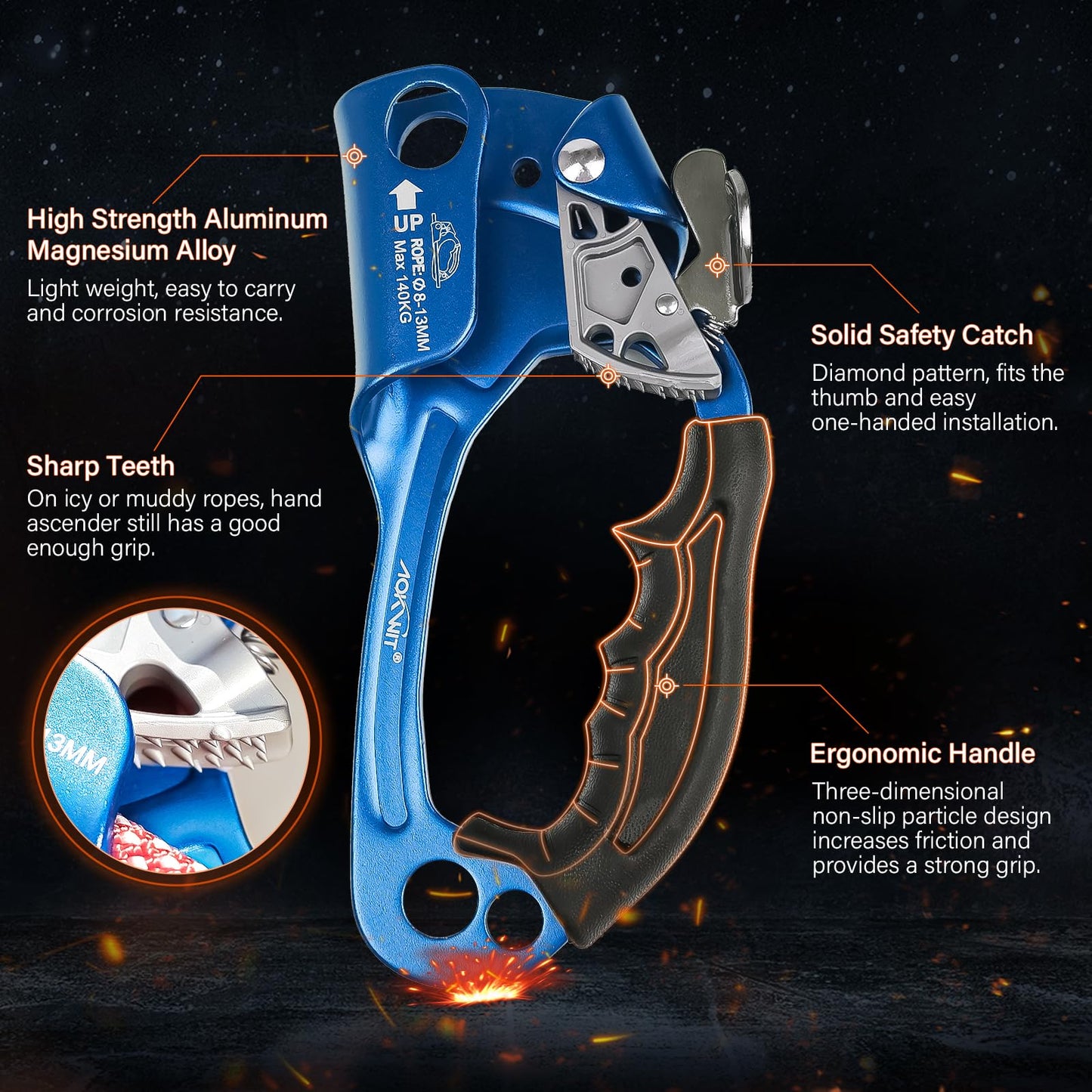 50KN Rescue Figure 8 Descender High Strength Aluminum Alloy Hand Ascender with Ergonomic Rubber Handle Strong Rappelling Gear Equipment for Rock Climbing Tree Arborist Rescue Mountaineering Caving