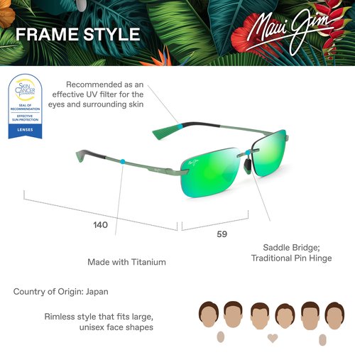 Maui Jim Lanakila Rectangle Sunglasses, Matte Trans Green/Mauigreen Polarized, Large