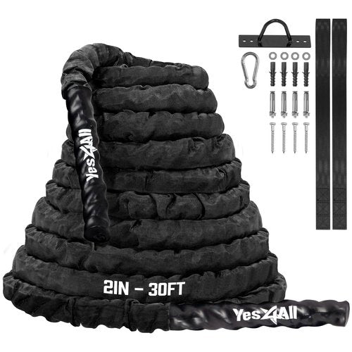 Yes4All Battle Rope with Protective Cover – Steel Anchor & Strap Included - Poly Dacron 2in - 30ft