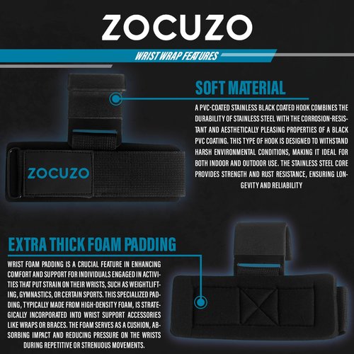 ZOCUZO Lifting Hooks (Pair) Heavy Duty Lifting Wrist Straps - Deadlift Straps for Powerlifting Weightlifting for Men & Women Workout Equipment (Black)