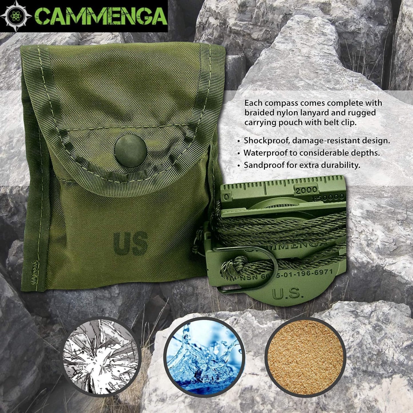 Cammenga Compass Military Grade Phosphorescent - Lensatic Compass Shock, Sand, and Waterproof, Tactical, Navigation - Made in The USA