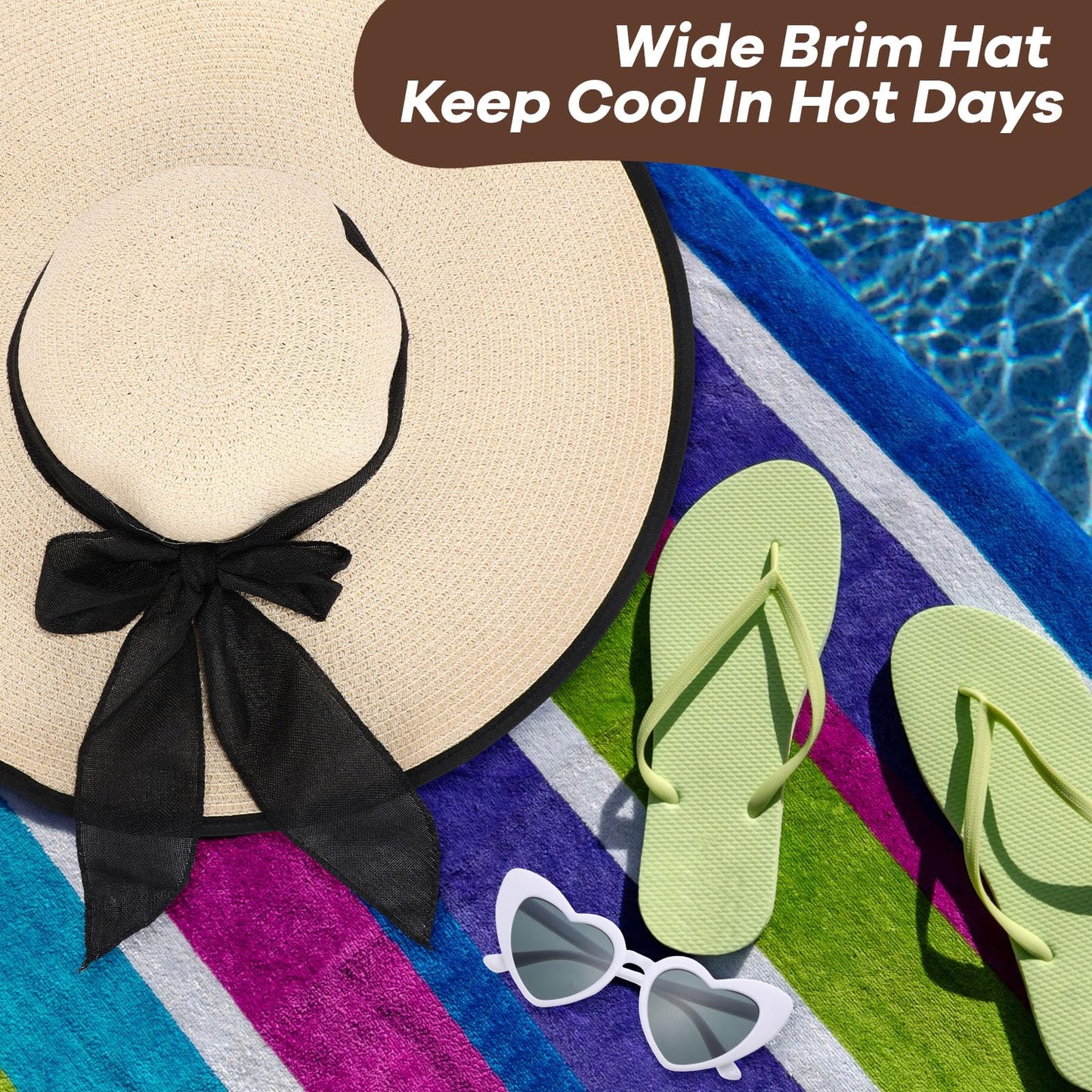 Jeyiour 12 Pcs Women Floppy Summer Hat Wide Brim with Heart Shape Glasses Big Bowknot Straw Hat Sun Hats Heart Sunglasses (Modern Colors)