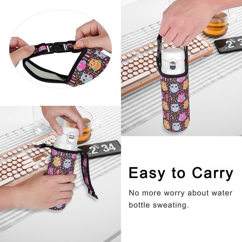 CAIRIAC Cartoon Owl Neoprene Sleeve Bottle Cup Carrier Pouch, Cup Holder Pouch with Carrying Handle, 16oz-21oz Portable Bottle Cooler Cover Holder Strap for Outdoor