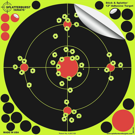 Splatterburst Targets -12 inch Stick & Splatter Self Adhesive Shooting Targets - Gun - Rifle - Pistol - Airsoft - BB Gun - Pellet Gun - Air Rifle - Made in USA