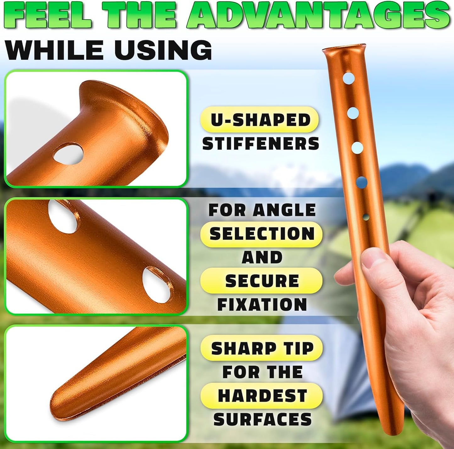 6 Pack Sand Stakes for Beach - 12.6" Lightweight Aluminum Tent Stakes for Sand, Snow & Soft Ground, Vibrant Color and Wind-Resistant, Durable and Easy to Install, Rust Resistant U-Shaped Anchors