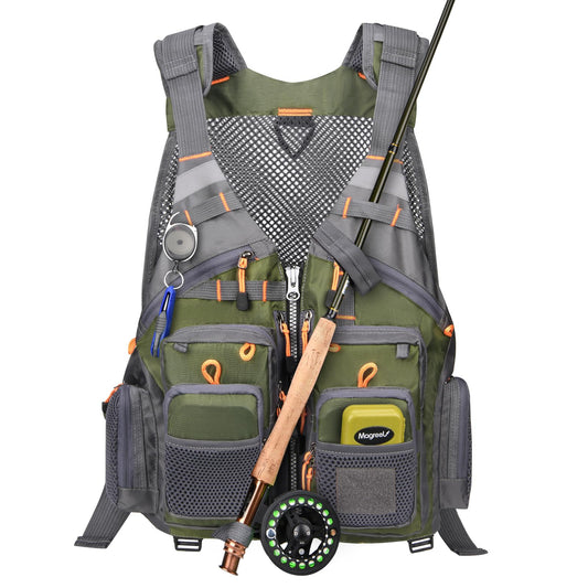 Gonex Fly Fishing Vest for Men Women, Comfortable Adjustable Fishing Vest with Multi-Pockets Reflective Stripes, Green+Gray