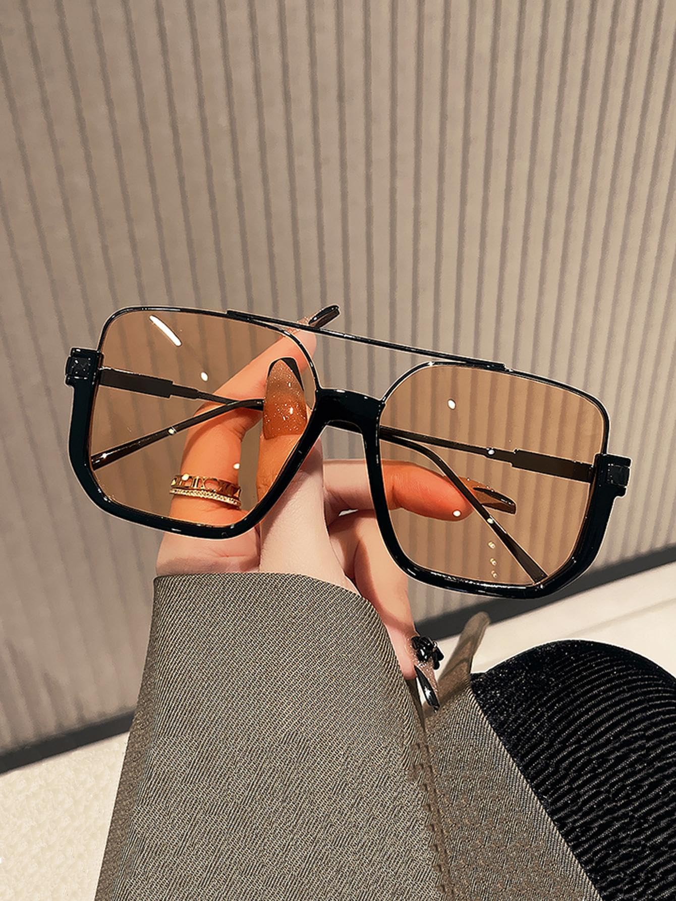 GUVIVI Retro Oversized Aviator Sunglasses for Women Men Square Semi-Rimless Double Bridge Sun Glasses 70s Trendy Shades Pilot-style Brown Pink