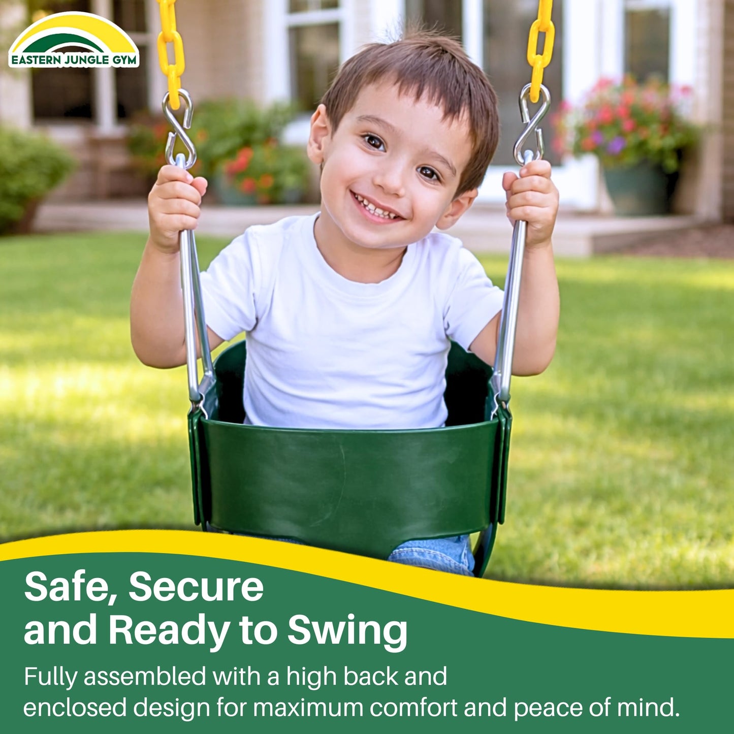 Eastern Jungle Gym Heavy-Duty High Back Full Bucket Toddler Swing Seat | Coated Swing Chains Fully Assembled | Green Swing Set Accessory
