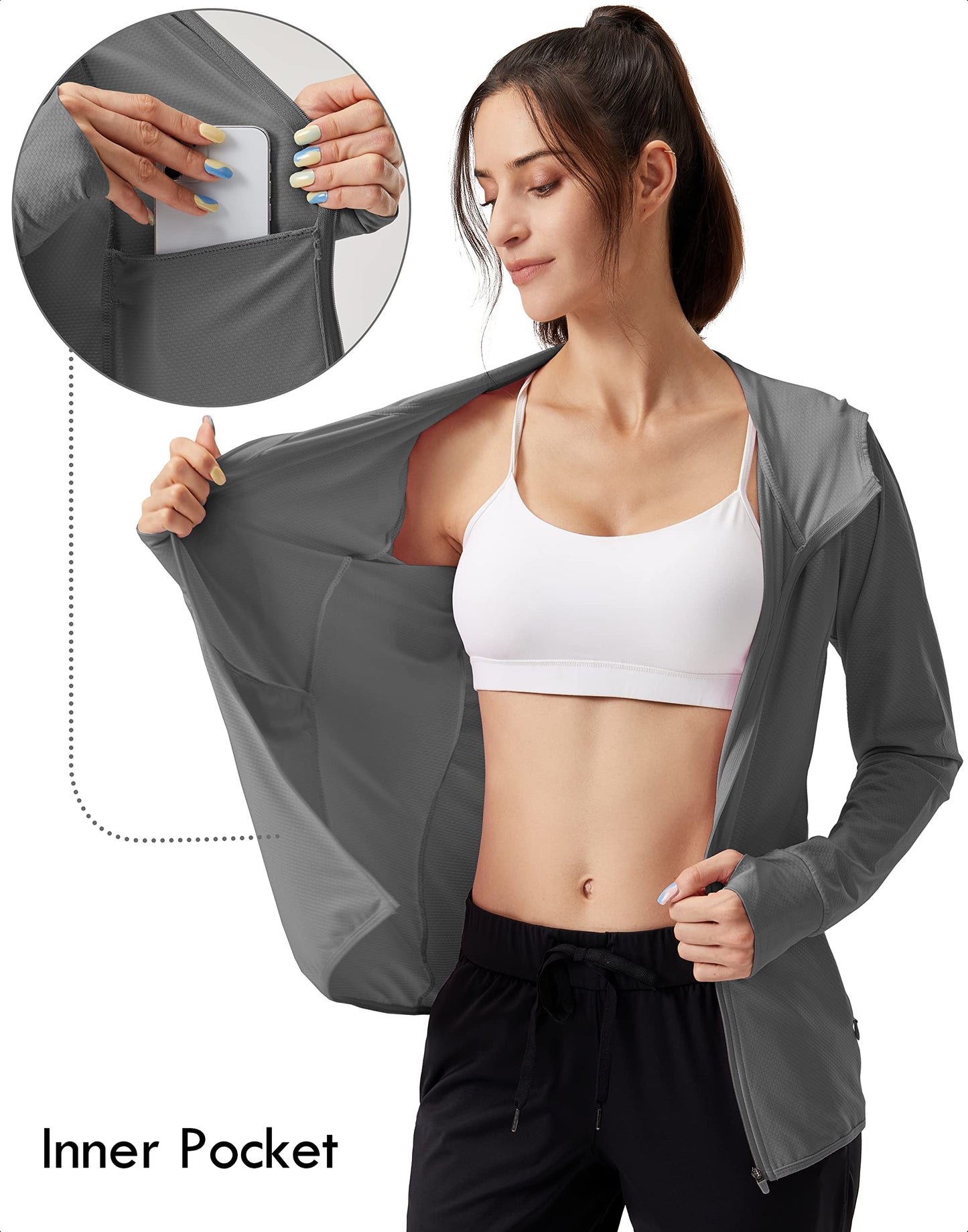 Soothfeel Women's UPF 50+ Sun Protection Hoodie Jacket Lightweight Long Sleeve Sun Shirt for Women with Pocket Hiking Outdoor Dark Grey M