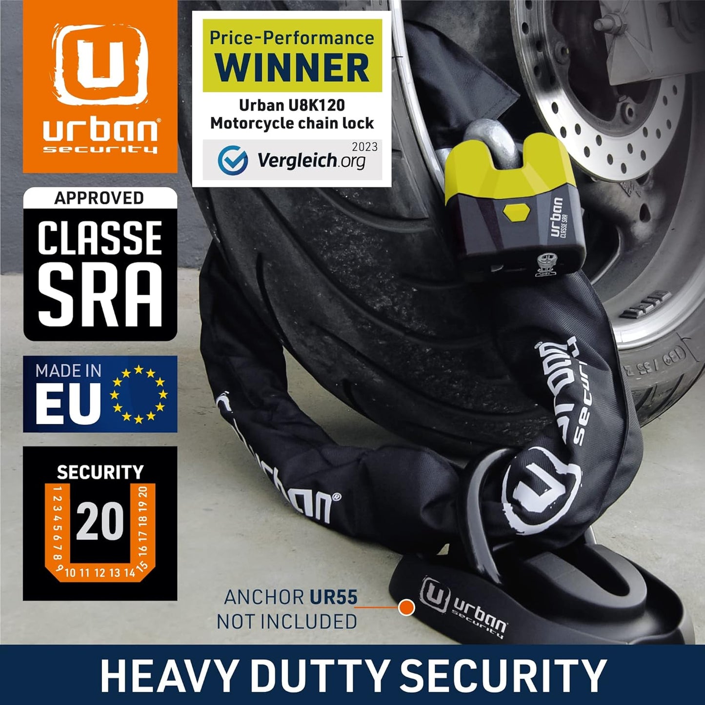 Urban Security U8K120 Motorcycle Chain Lock High Security Chain Lock Motorcycle Anti Theft Heavy Duty Motorcycle Lock, Cut Proof Chain and Cut Resistant Padlock, Cycle Lock Chain SRA Approved, 120cm