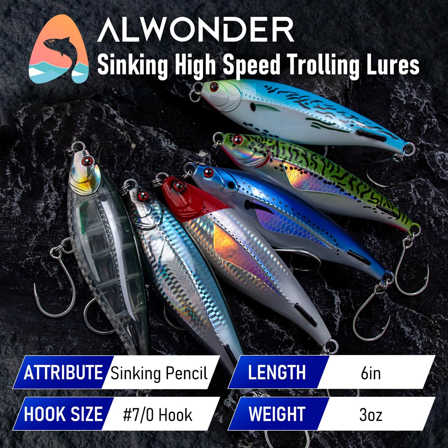 Alwonder High Speed Trolling Lures Saltwater Fishing Lures 6"/3oz Sinking Twitch Bait 7/0 Hook Deep Diving Jerkbait Fishing Plug Offshore Lure for Tuna Striper Mackerel Chrome Blue